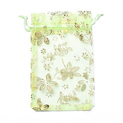 Pale Green Organza Drawstring Jewelry Pouches, Wedding Party Gift Bags, Rectangle with Gold Stamping Flower Pattern, Pale Green, 15x10x0.11cm