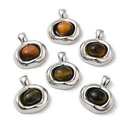 Real Platinum Plated Natural Tiger Eye Pendants, Brass Oval Charms, Real Platinum Plated, 21x19x6mm, Hole: 4.5x3mm