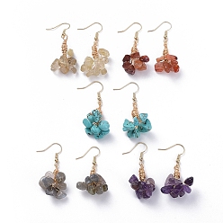 Mixed Stone Natural & Synthetic Mixed Gemstone Clip Beads Dangle Cluster Earrings, with Brass Earring Findings, 43mm, Pin: 0.5mm