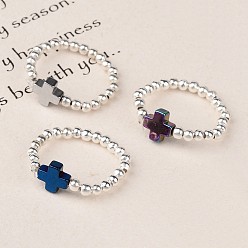 Mixed Color Cross Non-Magnetic Synthetic Hematite Beaded Stretch Rings, Mixed Color, 20mm