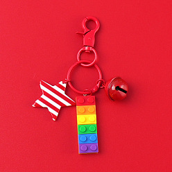 Roja Llaveros de bloques de construcción de plástico con bandera del orgullo/bandera del arco iris, llavero campana, llavero de estrella rayada con cierre de pinza de langosta, rojo, 48x16 mm