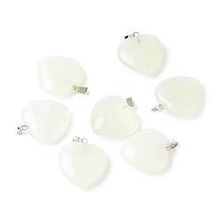 New Jade Natural New Jade Pendants, with Platinum Tone Brass Findings, Heart, 27~28x24.5~26x6~8.5mm, Hole: 2.4x5.6mm