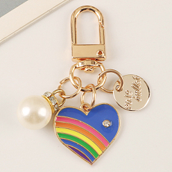 Blue Alloy Enamel Pendant Keychain, with Alloy Swivel Clasps, Plastic Imitation Pearl Beads and Rhinestone, Heart & Flat Round with Word, Blue, 2.3cm