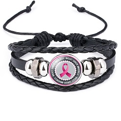 Black Imitation Leather Triple Layer Multi-strand Bracelet, October Breast Cancer Pink Awareness Ribbon Alloy Glass Links Adjustable Bracelet for Women, Black, 7-1/8 inch(18cm)
