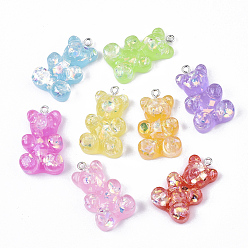 Mixed Color Transparent Resin Pendants, with Shell Chip & Iron Loop, Hologram Style, Platinum, Bear, Mixed Color, 32x19x8~9mm, Hole: 2mm