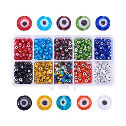 Mixed Color Handmade Lampwork Beads, Flat Round with Evil Eye, Mixed Color, 6x3mm, Hole: 1mm, about 1strand/color, about 650pcs/box