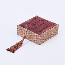 Brique Rouge Boîtes de bracelet en bois, avec le gland de corde de lin et de nylon, rectangle, firebrick, 10x10x3.7 cm