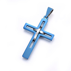 Blue & Stainless Steel Color 304 Stainless Steel Pendants, Cross, Blue & Stainless Steel Color, 45x29x4mm, Hole: 8x5mm