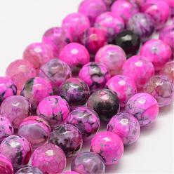 Hot Pink Faceted Natural Fire Crackle Agate Beads Strands, Round, Dyed & Heated, Hot Pink, 10mm, Hole: 1.5mm, about 38pcs/strand, 14 inch(35.6cm)