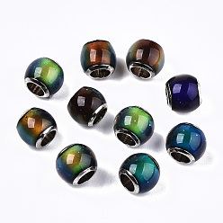 Colorful Glass European Beads, Large Hole Beads, with Platinum Tone Brass Double Cores, Rondelle, Changing Color Mood Beads, Colorful, 7~8x6~7mm, Hole: 4mm