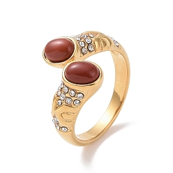 Red Jasper Natural Red Jasper Oval Open Cuff Ring with Crystal Rhinestone, Ion Plating(IP) 304 Stainless Steel Jewelry for Women, Golden, US Size 6(16.5mm)