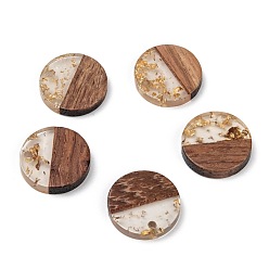 Gold Transparent Resin & Walnut Wood Pendants, with Gold Foil, Flat Round, Gold, 18x3.5mm, Hole: 1.5mm