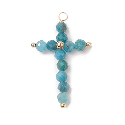 Apatite Natural Apatite Faceted Round Copper Wire Wrapped Pendants, Cross Charms, Light Gold, 38x23x5mm, Hole: 2.5mm