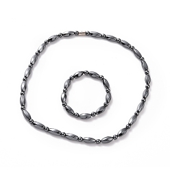Hématite Sans Magnétique   Rectangle torsadé en hématite synthétique et bracelet extensible en perles rondes et collier en perles avec fermoir magnétique, ensemble de bijoux en pierres précieuses pour hommes femmes, diamètre intérieur: 2-1/2 pouce (6.4 cm), 20.75 pouce (52.7 cm), 2 pièces / kit