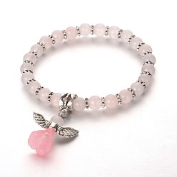 Quartz Rose Bracelets breloques acryliques tendance en quartz rose naturel, avec des perles en alliage de style tibétain, belle robe de mariée ange dangle, argent antique, 48mm