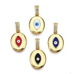 Mixed Color Brass Micro Pave Clear Cubic Zirconia Pendants, with Enamel, Nickel Free, Oval with Evil Eye, Real 18K Gold Plated, Mixed Color, 20x14x2.5mm, Hole: 3x6mm