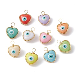 Mixed Color Evil Eye Resin Copper Wire Wrapped Pendants, Heart Charms, Light Gold, Mixed Color, 20x15.5x9mm, Hole: 3.5mm