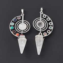 Quartz Crystal 7 Chakra Natural Quartz Crystal Big Pendants, Faceted Cone Charms, with Platinum Tone Brass Findings, 69x30x13mm, Hole: 5mm