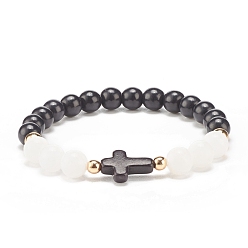 Black Natural White Jade & Synthetic Turquoise(Dyed) Stretch Bracelet with Cross, Gemstone Jewelry for Women, Black, Inner Diameter: 2-1/8 inch(5.3cm)