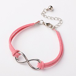 Pink Tibetan Style Alloy Infinity Link Bracelets, Faux Suede Cord with Alloy Lobster Claw Clasps and Iron Chains, Platinum and Antique Silver, Pink, 185x6mm