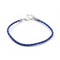 Dark Blue Trendy Braided Imitation Leather Bracelet Making, with Iron Lobster Claw Clasps and End Chains, Dark Blue, 200x3mm
