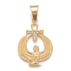 Golden 304 Stainless Steel Pendants, with Clear Micro Pave Cubic Zirconia, Religion, Winged Goddess with Ankh Cross, Golden, 40.5x28.5x2.5mm, Hole: 8x11mm