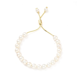 Plaqué 18K Or Véritable Bracelet coulissant en perles de coquillage avec chaîne serpent en laiton, sans plomb et sans cadmium, réel 18 k plaqué or, perles: 8 mm, diamètre intérieur: 1-1/2~2-1/2 pouce (3.75~6.4 cm)