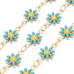 Dark Turquoise Handmade Brass Enamel Link Chains, with Spool, Soldered, Long-Lasting Plated, Golden, Daisy, Dark Turquoise, 12.5x7.5x2mm, about 32.8 Feet(10m)/roll