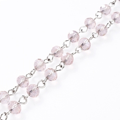 Pink Handmade Electroplate Glass Beaded Chains, with Platinum Plated Iron Eye Pin, Unwelded, Pink, 39.37 inch(100cm), Beads: 6x4.5mm