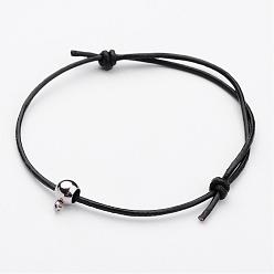 Black Cowhide Leather Cord Bracelets, with Stainless Steel Beads, Black, 59mm(2-5/16 inch)