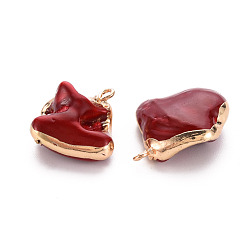 Dark Red Electroplate Freshwater Shell Pendants, with Golden Iron Edge and Loop, Nuggets, Dyed, Dark Red, 21~32.5x14~24x6~21mm, Hole: 1.8mm