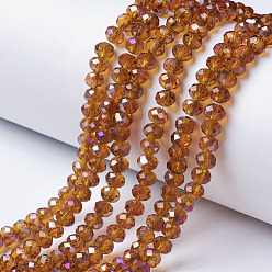 Dark Goldenrod Electroplate Transparent Glass Beads Strands, Half Rainbow Plated, Faceted, Rondelle, Dark Goldenrod, 4x3mm, Hole: 0.4mm, about 123~127pcs/strand, 16.5~16.9 inch(42~43cm)