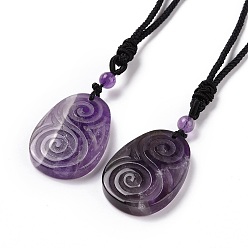 Amethyst Adjustable Natural Amethyst Teardrop with Spiral Pendant Necklace with Nylon Cord for Women, 35.43 inch(90cm)