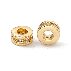 Real 18K Gold Plated Brass Spacer Beads, with Crystal Rhinestone, Flat Round, Real 18K Gold Plated, 7x3~3.7mm, Hole: 3.4mm