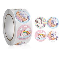 Unicorn 4 Patterns Cartoon Stickers Roll, Round Dot Paper Adhesive Labels, Decorative Sealing Stickers for Gifts, Party, Horse, 25mm, 500pcs/roll