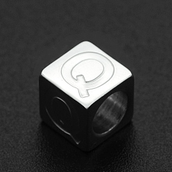 Letter Q 201 Stainless Steel European Beads, Large Hole Beads, Horizontal Hole, Cube, Stainless Steel Color, Letter.Q, 7x7x7mm, Hole: 5mm