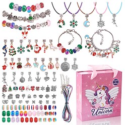 Mixed Color DIY Christmas European Bracelet Necklace Making Kit for Kid Gift, Including Alloy Chains Bracelet & Necklace Making, Unicorn & Mermaid Large Hole Beads & Pendant, Mixed Color, 99Pcs/set