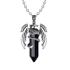 Black Agate Natural Black Agate Bullet with Dragon Pendant Necklace with Zinc Alloy Chains, 19.69 inch(50cm)