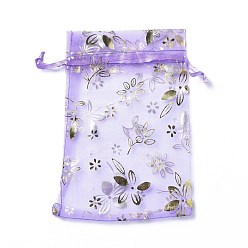 Medium Purple Organza Drawstring Jewelry Pouches, Wedding Party Gift Bags, Rectangle with Gold Stamping Flower Pattern, Medium Purple, 15x10x0.11cm