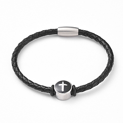 Black Unisex Leather Cord Bracelets, with Enamel, 304 Stainless Steel Magnetic Clasps and Beads, Flat Round with Cross, Black, 7-5/8 inch(19.5cm)