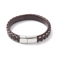 Coconut Brown Leather Braided Cord Bracelets, 304 Stainless Steel Magnetic Clasp, Rectangle, Stainless Steel Color, Coconut Brown, 8-5/8 inch(22cm), 12x6mm