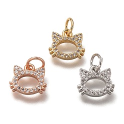 Mixed Color Brass Micro Pave Clear Cubic Zirconia Charms, Cadmium Free & Lead Free, Long-Lasting Plated, Cat, Mixed Color, 9x10x2mm, Hole: 3mm