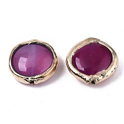 Rouge Violet Moyen Perles en agate naturelles, bord en pâte polymère plaqué or clair, teint, plat rond, support violet rouge, 17~19x17~18x5~7mm, Trou: 1.2mm