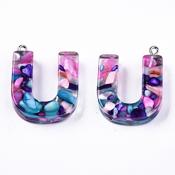 Letter U Transparent Epoxy Resin Pendants, with Shell Slices and Loops, Alphabet, Letter.U, 31x24.5x7mm, Hole: 1.6mm