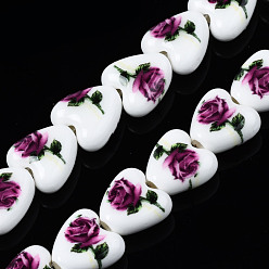 Purple Handmade Porcelain Ceramic Beads Strands, Flower Printed, Heart, Purple, 15x15x7mm, Hole: 3mm, about 23pcs/strand, 12.8 inches(32.5cm)