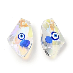 Blue Transparent Glass Beads, with Enamel, Faceted, Polygon with Evil Eye Pattern, Blue, 23.5x38x13mm, Hole: 2mm