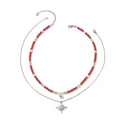 Rouge 2 pcs 2 ensemble de colliers pendentif étoile en zircone cubique claire de style, colliers empilables de perles d'agate rouge naturelle et d'aventurine verte et de perles pour femmes, rouge, 18.35 pouce (46.6 cm), 16.50 pouce (41.9 cm), 1 pc / style