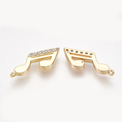 Real 18K Gold Plated Brass Charms, with Cubic Zirconia, Musical Note, Clear, Nickel Free, Real 18K Gold Plated, 5.5x13x1.5mm, Hole: 0.8mm