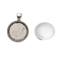 Antique Silver Pendant Making Sets, with Alloy Pendant Cabochon Settings and Glass Cabochons, Flat Round, Antique Silver, Tray: 20mm, 32x24x3mm, Hole: 5x7mm, 19.5~20x5.5mm