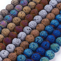 Mixed Color Vacuum Plating Electroplated Natural Lava Rock Bead Strands, Round, Mixed Color, 12mm, Hole: 1.5mm, about 33pcs/strand, 15.35 inch(39cm)